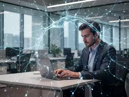 Eine stilisierte, leuchtende neuronale Netzwerkgrafik überlagert ein modernes Büro mit einer Person, die am Laptop arbeitet. - Foto: über boerse-global.de