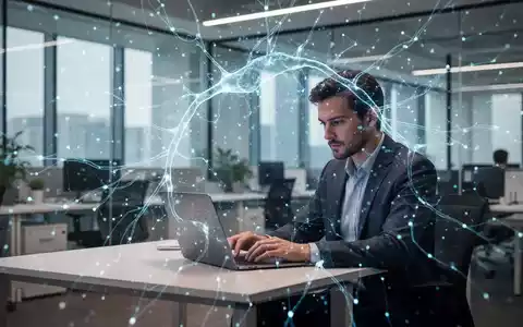 Eine stilisierte, leuchtende neuronale Netzwerkgrafik überlagert ein modernes Büro mit einer Person, die am Laptop arbeitet. - Foto: über boerse-global.de