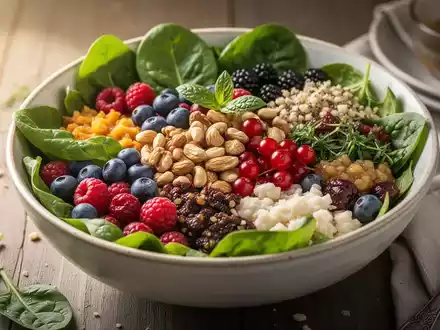 Eine Nahaufnahme einer appetitlichen Salatschüssel mit verschiedenen frischen, bunten Zutaten wie grünem Blattgemüse, Beeren und Nüssen. - Foto: über boerse-global.de