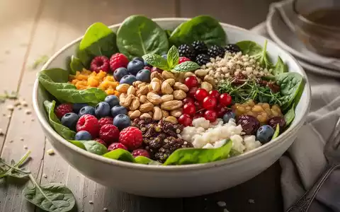 Eine Nahaufnahme einer appetitlichen Salatschüssel mit verschiedenen frischen, bunten Zutaten wie grünem Blattgemüse, Beeren und Nüssen. - Foto: über boerse-global.de