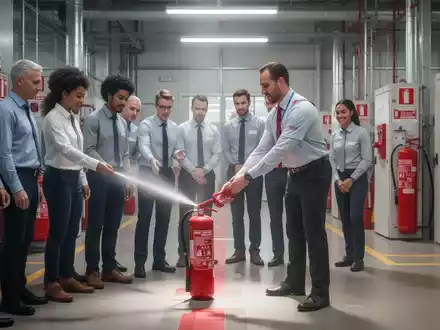 Mitarbeiter nehmen an einer Brandschutzschulung teil, lernen den Umgang mit einem Feuerlöscher in einer Industrieanlage. - Foto: über boerse-global.de