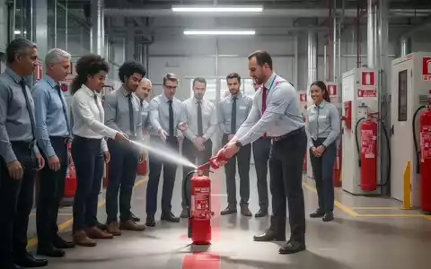 Mitarbeiter nehmen an einer Brandschutzschulung teil, lernen den Umgang mit einem Feuerlöscher in einer Industrieanlage. - Foto: über boerse-global.de