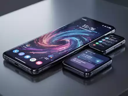 Schlankes, modernes Smartphone mit hellem Hauptbildschirm und kleinerem Funktionsdisplay auf der Rückseite, in professioneller Umgebung. - Foto: über boerse-global.de