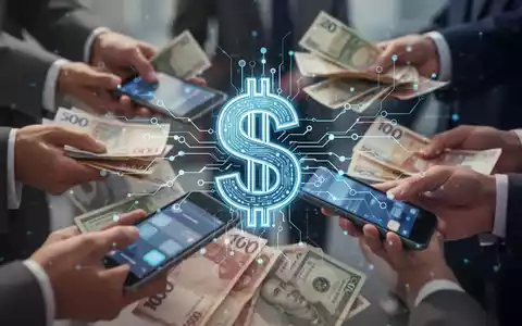 Digitales Stablecoin-Symbol vor unscharfem Hintergrund mit Händen, die Währungen und Geräte austauschen, Symbol für globale Finanzintegration. - Foto: über boerse-global.de