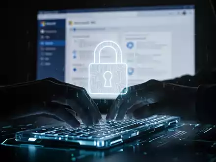 Eine schattenhafte Hand tippt auf einer leuchtenden Tastatur, ein digitales Vorhängeschloss über einer unscharfen Microsoft-365-Oberfläche symbolisiert Cyber-Bedrohungen. - Foto: über boerse-global.de