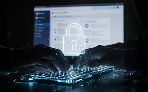 Eine schattenhafte Hand tippt auf einer leuchtenden Tastatur, ein digitales Vorhängeschloss über einer unscharfen Microsoft-365-Oberfläche symbolisiert Cyber-Bedrohungen. - Foto: über boerse-global.de