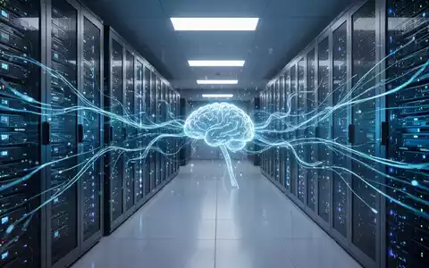 Zukunftsorientierter Serverraum mit leuchtend blauen Datenströmen, die fortschrittliche KI-Integration und Datenverarbeitung symbolisieren. - Foto: über boerse-global.de