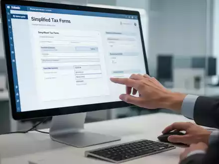 Eine Hand klickt auf eine Maus vor einem Computermonitor, der vereinfachte digitale Steuerformulare anzeigt. - Foto: über boerse-global.de
