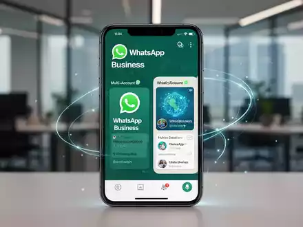 Ein Smartphone-Bildschirm zeigt zwei gleichzeitig geöffnete WhatsApp-Business-Profile, verbunden durch leuchtende Linien. - Foto: über boerse-global.de
