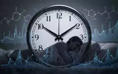 Eine stilisierte Uhr zeigt späte Stunden, kombiniert mit einer schlafenden Person und abstrakten Stoffwechseldaten im Hintergrund. - Foto: über boerse-global.de