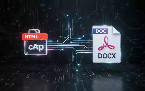 Abstrakte Datenkonvertierung: leuchtende Linien verbinden HTML-Tag-Symbol mit DOCX-Dokument-Symbol. - Foto: über boerse-global.de