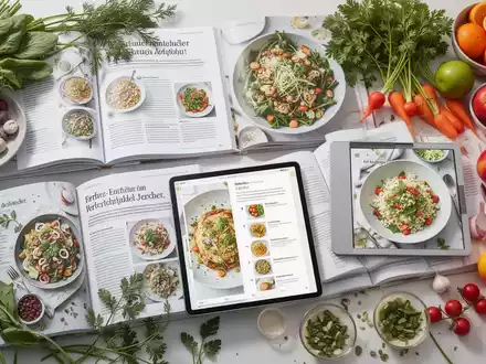 Ein Flat Lay mit offenen deutschen Kochbüchern, frischen Gemüsen, Kräutern und Obst sowie einem Tablet, das ein Rezept anzeigt. - Foto: über boerse-global.de
