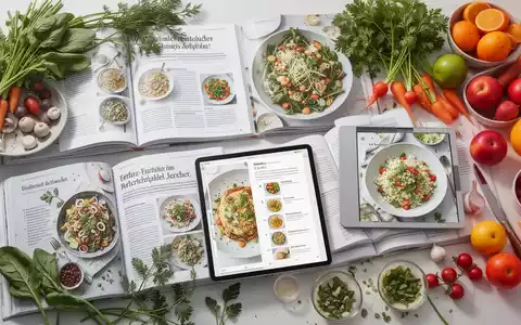 Ein Flat Lay mit offenen deutschen Kochbüchern, frischen Gemüsen, Kräutern und Obst sowie einem Tablet, das ein Rezept anzeigt. - Foto: über boerse-global.de