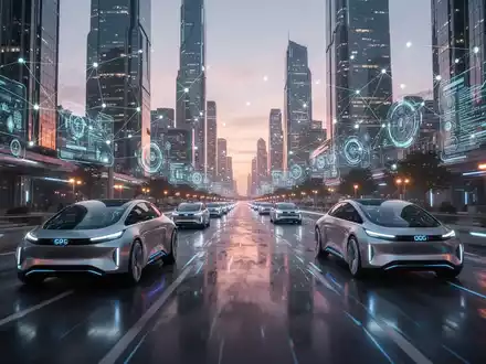 Futuristische Stadtsilhouette in der Dämmerung mit autonomen Fahrzeugen und digitalen Datenströmen, die fortschrittliche Technologie und globale Vernetzung symbolisieren. - Foto: über boerse-global.de