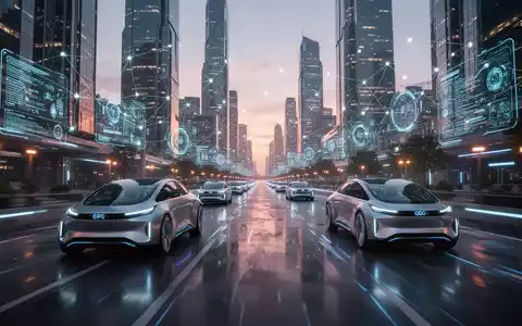 Futuristische Stadtsilhouette in der Dämmerung mit autonomen Fahrzeugen und digitalen Datenströmen, die fortschrittliche Technologie und globale Vernetzung symbolisieren. - Foto: über boerse-global.de
