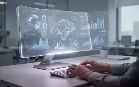 Ein modernes Büro mit einem futuristischen Bildschirm, der KI-Daten visualisiert, und Händen an einer ergonomischen Tastatur. - Foto: über boerse-global.de