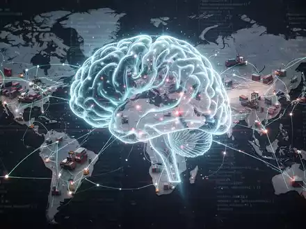 Glühendes KI-Neuronennetz über globaler Lieferkettenkarte, symbolisiert KI-Doppelrolle in Compliance und Risiko. - Foto: über boerse-global.de