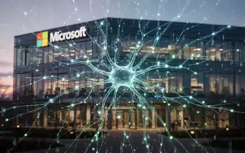 Leuchtendes neuronales Netz aus blau-grünem Licht über verschwommenem Microsoft-Campus, symbolisiert proprietäre KI und Datenfluss. - Foto: über boerse-global.de