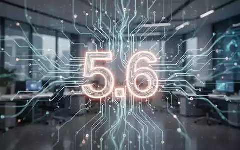 Abstraktes, leuchtendes neuronales Netzwerk, das KI darstellt, mit subtil integrierter Zahl 5,6 vor verschwommenem futuristischem Büro. - Foto: über boerse-global.de