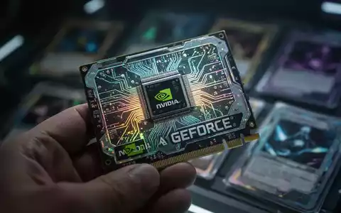 Nahaufnahme einer holografischen NVIDIA GeForce-Sammelkarte mit Retro-GPU-Design, in einer Hand gehalten. - Foto: über boerse-global.de