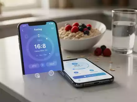 Ein Smartphone mit einer Intervallfasten-App, die einen 16:8-Timer anzeigt. Im Hintergrund sind ein gesundes Frühstück und Wasser zu sehen. - Foto: über boerse-global.de