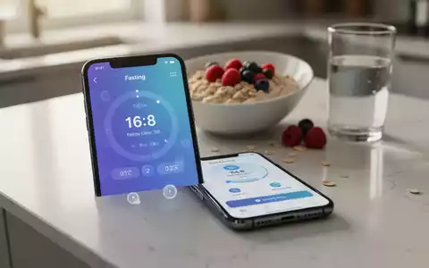 Ein Smartphone mit einer Intervallfasten-App, die einen 16:8-Timer anzeigt. Im Hintergrund sind ein gesundes Frühstück und Wasser zu sehen. - Foto: über boerse-global.de