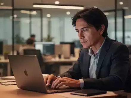 Eine Person sitzt nachdenklich an einem Schreibtisch vor einem Laptop, während im Hintergrund ein modernes Büro verschwommen zu sehen ist. - Foto: über boerse-global.de