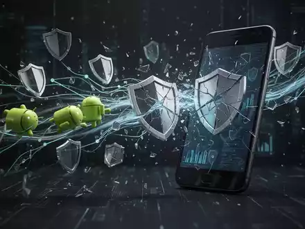 Eine stilisierte Darstellung von Daten, die unsicher von einem Android-Telefon fließen, mit zerbrochenen Schildsymbolen und fragmentierten Netzwerkleitungen. - Foto: über boerse-global.de