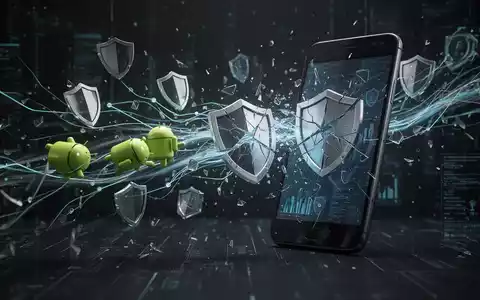Eine stilisierte Darstellung von Daten, die unsicher von einem Android-Telefon fließen, mit zerbrochenen Schildsymbolen und fragmentierten Netzwerkleitungen. - Foto: über boerse-global.de