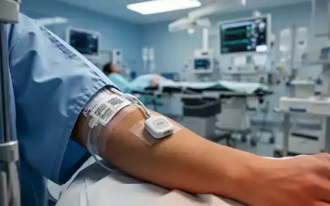 Nahaufnahme eines Arms mit einem Glukosesensor, im Hintergrund verschwommen eine moderne Operationsumgebung. - Foto: über boerse-global.de