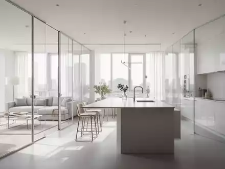 Eine helle, minimalistische Wohnung mit offener Raumgestaltung, einer modernen Kücheninsel und viel natürlichem Licht. - Foto: über boerse-global.de