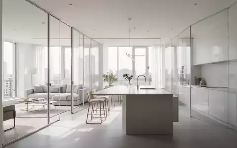 Eine helle, minimalistische Wohnung mit offener Raumgestaltung, einer modernen Kücheninsel und viel natürlichem Licht. - Foto: über boerse-global.de