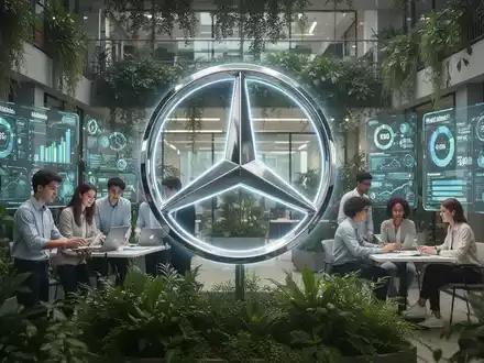 Ein stilisiertes, leuchtendes Mercedes-Benz-Logo in einer modernen, nachhaltigen Büroumgebung mit jungen Fachkräften und digitalen Anzeigen. - Foto: über boerse-global.de