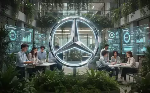 Ein stilisiertes, leuchtendes Mercedes-Benz-Logo in einer modernen, nachhaltigen Büroumgebung mit jungen Fachkräften und digitalen Anzeigen. - Foto: über boerse-global.de