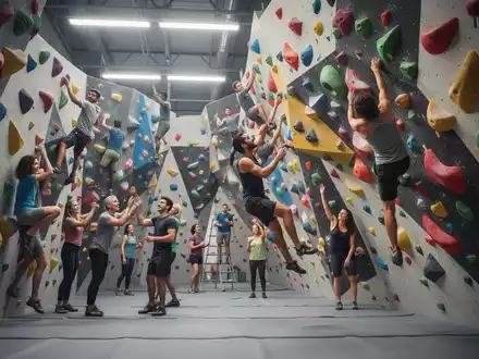 Eine Gruppe von Menschen klettert und bouldert an einer modernen, hell erleuchteten Indoor-Kletterwand. - Foto: über boerse-global.de