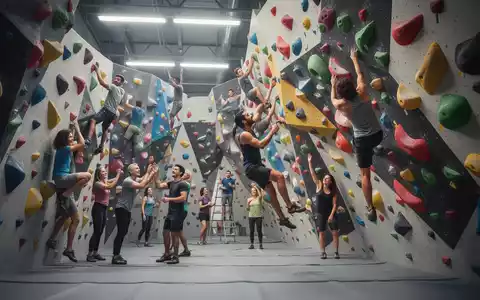 Eine Gruppe von Menschen klettert und bouldert an einer modernen, hell erleuchteten Indoor-Kletterwand. - Foto: über boerse-global.de
