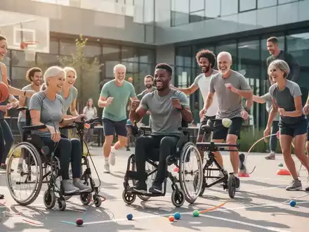 Eine vielfältige Gruppe von Erwachsenen nimmt an inklusiven Sportaktivitäten im Freien teil, einige mit Spezialausrüstung. - Foto: über boerse-global.de