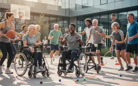 Eine vielfältige Gruppe von Erwachsenen nimmt an inklusiven Sportaktivitäten im Freien teil, einige mit Spezialausrüstung. - Foto: über boerse-global.de