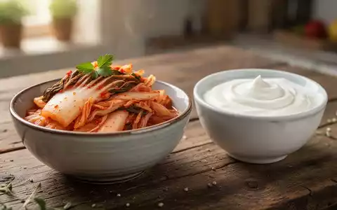 Nahaufnahme einer Schale Kimchi neben einer Schale Joghurt auf einem Holztisch, symbolisiert probiotische Lebensmittel. - Foto: über boerse-global.de