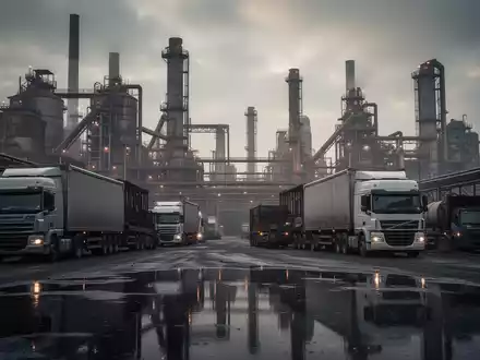 Eine weitläufige Industrielandschaft mit Fabriken und Lastwagen unter einem dramatischen Himmel, die wirtschaftliche Herausforderungen symbolisiert. - Foto: über boerse-global.de