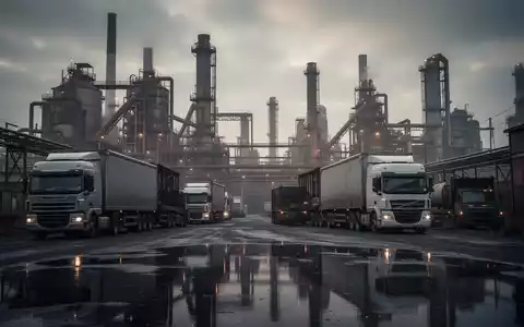Eine weitläufige Industrielandschaft mit Fabriken und Lastwagen unter einem dramatischen Himmel, die wirtschaftliche Herausforderungen symbolisiert. - Foto: über boerse-global.de