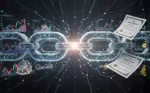 Eine digitale Kette verbindet abstrakte Darstellungen realer Vermögenswerte mit einem leuchtenden Blockchain-Netzwerk und symbolisiert Asset-Tokenisierung. - Foto: über boerse-global.de