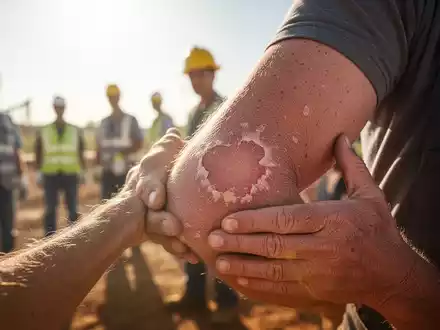 Nahaufnahme eines Arms mit sichtbaren Hautschäden, möglicherweise sonnenbedingt, vor dem unscharfen Hintergrund von Aussenarbeitern. - Foto: über boerse-global.de