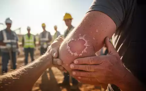 Nahaufnahme eines Arms mit sichtbaren Hautschäden, möglicherweise sonnenbedingt, vor dem unscharfen Hintergrund von Aussenarbeitern. - Foto: über boerse-global.de