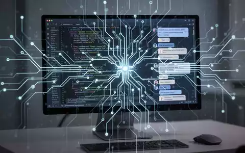 Leuchtendes neuronales Netzwerk über modernem Computerbildschirm mit Code und Chat-Oberfläche, symbolisiert KI-Integration. - Foto: über boerse-global.de