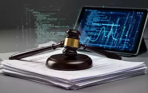 Ein stilisierter Hammer ruht auf einem Stapel juristischer Dokumente, mit einem Tablet im Hintergrund, das Code anzeigt. - Foto: über boerse-global.de