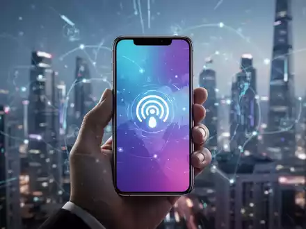 Eine Hand hält ein modernes Smartphone mit leuchtendem Bildschirm, der Netzwerkbalken zeigt, vor unscharfem Hintergrund einer futuristischen Stadt. - Foto: über boerse-global.de