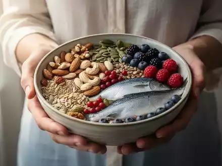 Eine Frau hält eine Schale mit gesunden Lebensmitteln wie Nüssen, Beeren und Fisch, die Ernährungsstrategien symbolisieren. - Foto: über boerse-global.de
