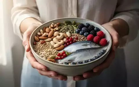 Eine Frau hält eine Schale mit gesunden Lebensmitteln wie Nüssen, Beeren und Fisch, die Ernährungsstrategien symbolisieren. - Foto: über boerse-global.de