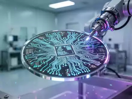 Nahaufnahme eines leuchtenden Siliziumwafers mit komplexen Schaltkreisen, gehalten von einem Roboterarm in einem sterilen Reinraum. - Foto: über boerse-global.de